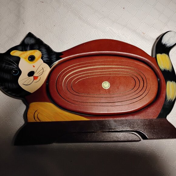 Vintage Wood Calico Cat Tray W/Expanding/Collapsible Bowl - Picture 8 of 10